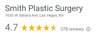 The image shows a 4.7-star rating out of 5 for Smith Plastic Surgery, based on 378 reviews. The address is 7650 W Sahara Ave, Las Vegas, NV.